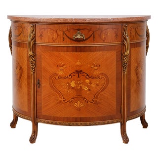 Antique 1920s Carved Inlaid Marble Top French Style Demilune Entryway Cabinet For Sale