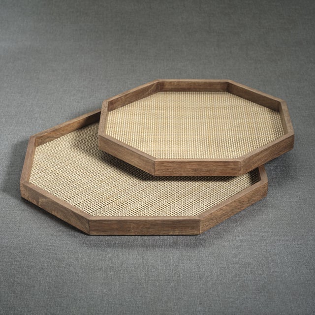 Modern Banyan Mango Wood with Rattan Inlay Octagonal Tray, Small For Sale - Image 3 of 5