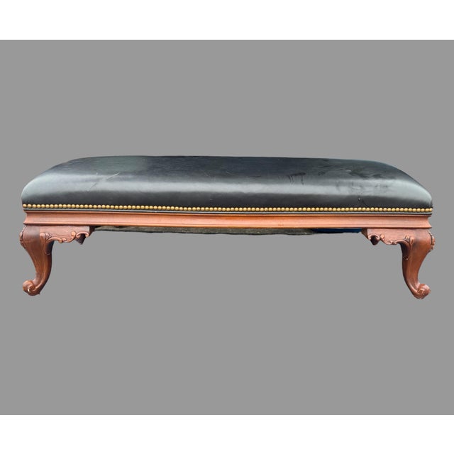 Vintage Hancock & Moore Carved Mahogany & Black Leather Foot Stool Bench For Sale - Image 11 of 11
