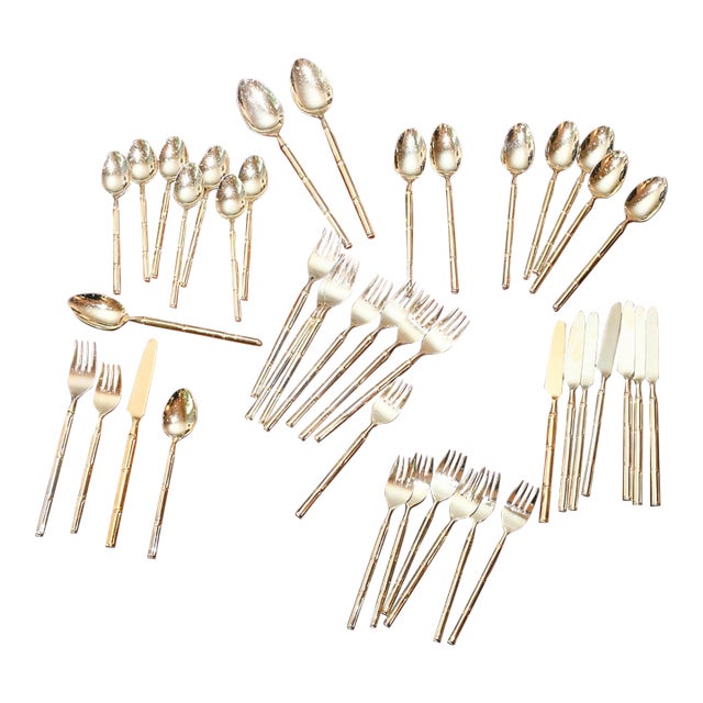 Vintage Stanley Roberts Gold Bamboo Flatware Service for 8 With Serving Spoons - 42 Pieces For Sale