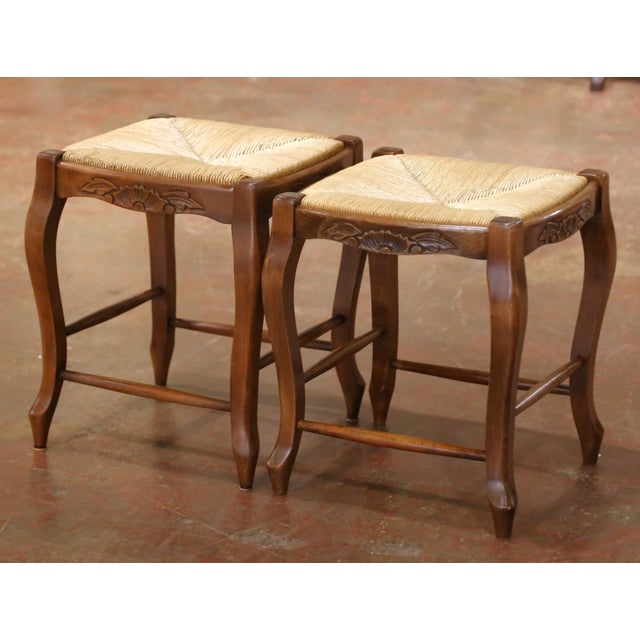 Pair of French Louis XV Style Beech Stools With Rush Seats From Normandy For Sale - Image 4 of 7