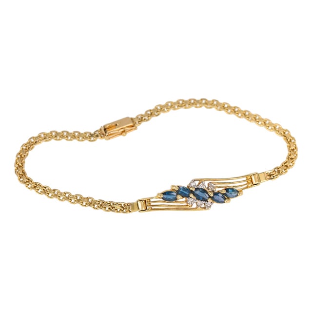 14k Yellow Gold Marquise Sapphire & Diamond Openwork Bracelet Vintage For Sale