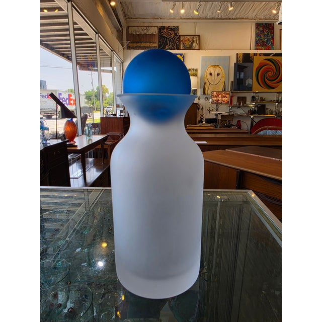 Vintage Frosted Glass Decanter / Bottle With Cobalt Blue Ball Stopper For Sale - Image 9 of 14