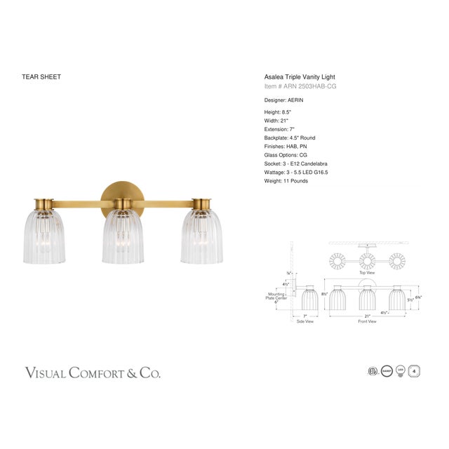 AERIN for Visual Comfort Signature Asalea Triple Vanity Light in Hand-Rubbed Antique Brass with Clear Glass For Sale In Houston - Image 6 of 8