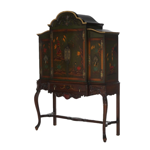 Antique French Style Carved Mahogany Polychromed Chinoiserie Decorated Credenza with Arched Crest & Genre Scenes C1910...
