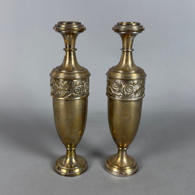 Early 20th Century Vintage Triptych Vases with Amphora Silver Brass and Floral Embossment Roses, 1930s, Set of 2 For Sale - Image 5 of 9