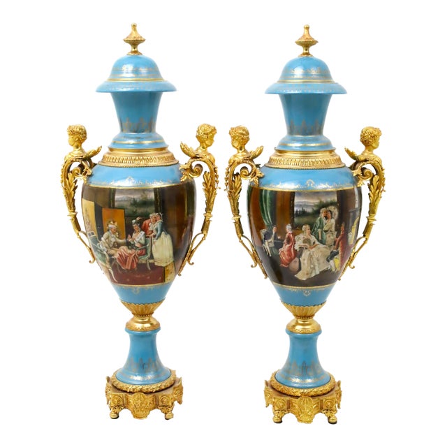 Large & Impressive Antique Dresden Porcelain Ormolu Mounted Hand-Painted Urn For Sale