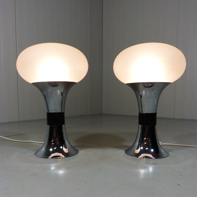 Set of 2 rare large table lamps in space age design. Chrome plated copper tulip stand with leather belt, satin glass...