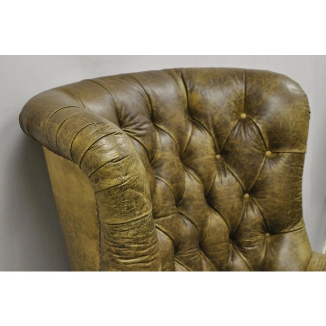 Wood Lillian August Brown Green Leather Chesterfield Club Lounge Chair & Ottoman For Sale - Image 7 of 12