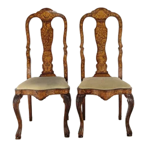 Pair of Dutch Baroque Walnut Inlaid Chairs, Circa 1780
