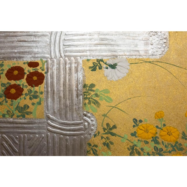 Late 19th Century Japanese Rimpa Two-Panel Screen With Chrysanthemums and Silver Twig Fence, Late 19th Century For Sale - Image 5 of 10