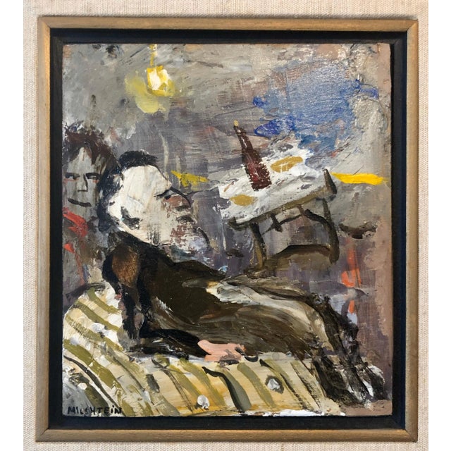 Zvi MilshteinFrench Israeli Surrealist Judaica Jewish Oil Painting Rabbi at Table, Bottle, c.1960s For Sale - Image 4 of 4
