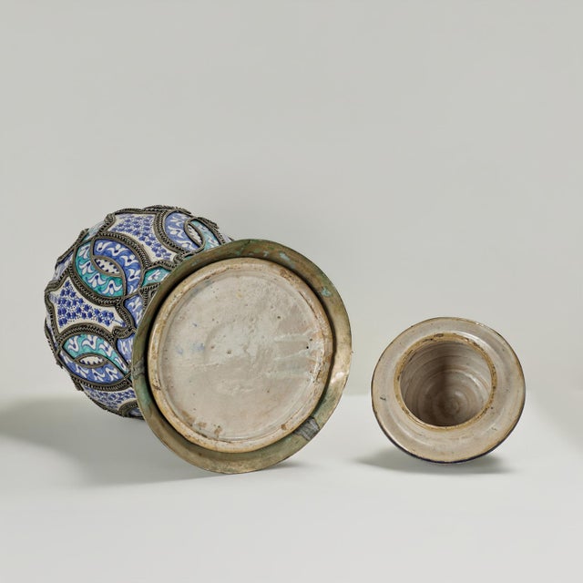 Vintage Moroccan Earthenware and Metal Lidded Urn For Sale - Image 12 of 12