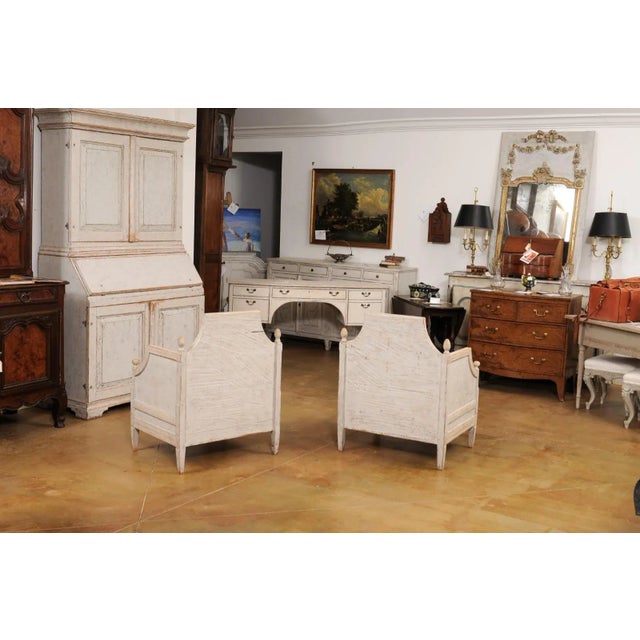 Neoclassical Style 1850s Gray Painted and Carved Armchairs with Guilloches, Pair For Sale - Image 9 of 12