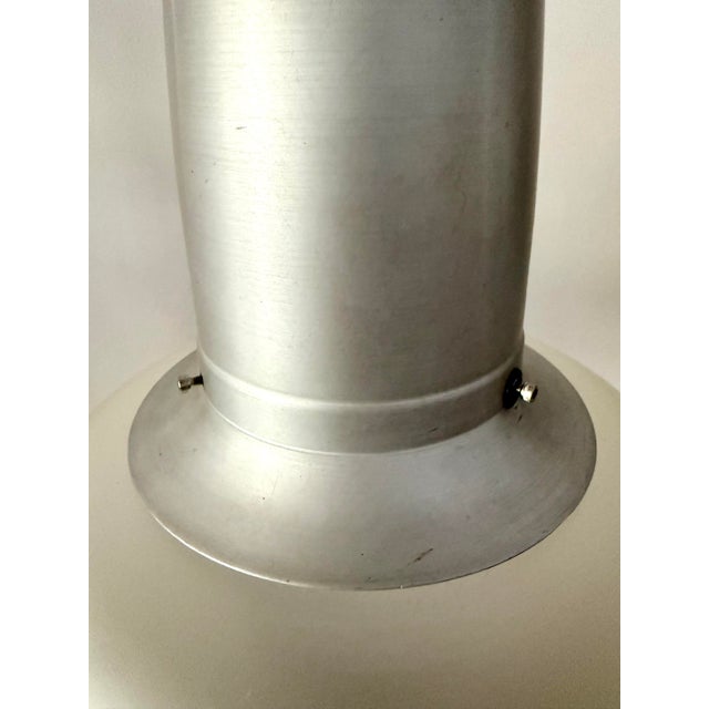 Silver 1960s Space Age Brushed Aluminum & Frosted Glass Pendant Lights a Pair For Sale - Image 8 of 10