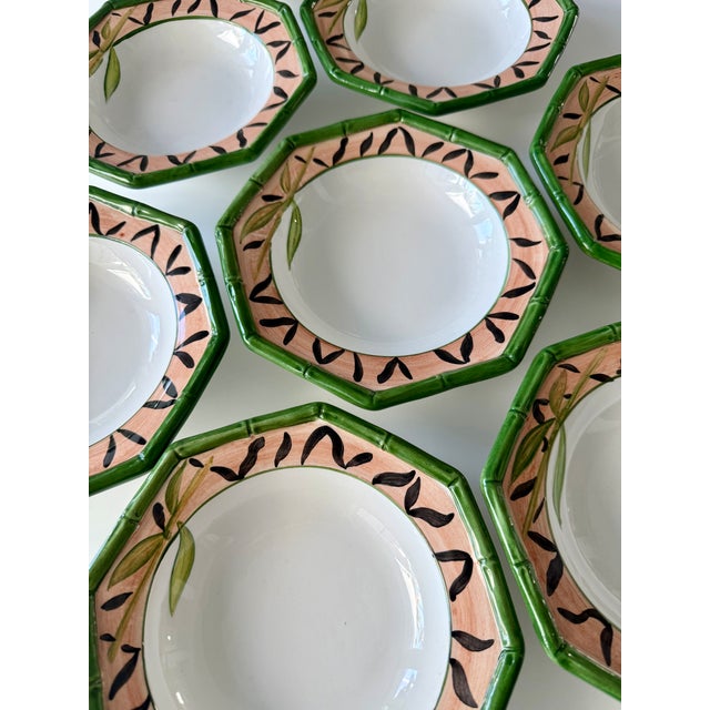 Wonderful vintage 1980s, hand-painted Italian ceramic dessert bowls in Palm Beach Regency style. Approximately 6 1/2...