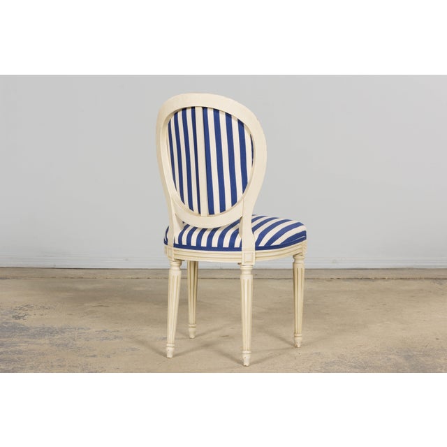 Pair of Antique French Louis XVI Style Painted Side Chairs in Blue Stripe For Sale - Image 11 of 18