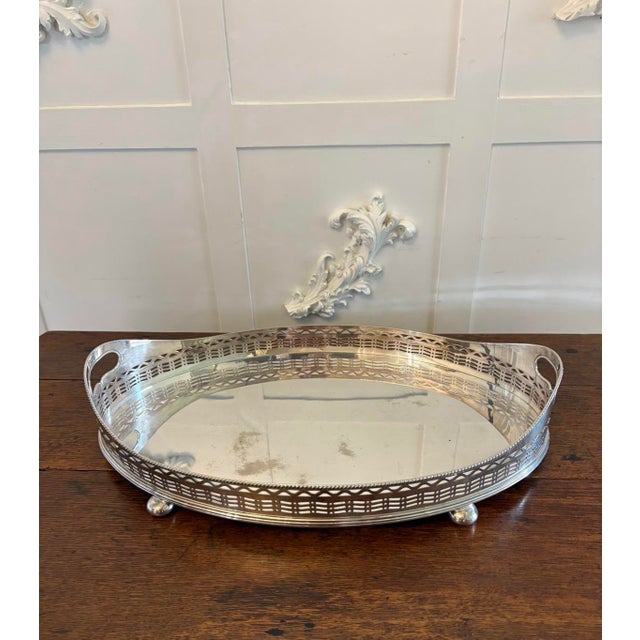 Large Antique Edwardian Silver-Plated Oval Gallery Cocktail / Decanter Tray with Handles, 1900 For Sale - Image 10 of 10