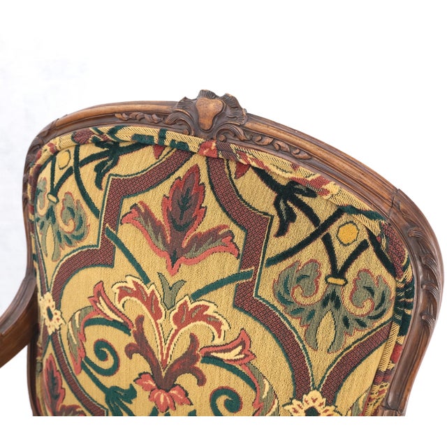 Pair of His & Hers Finely Carved Walnut Country French Lounge Armchairs Tapestry Upholstery. BIG CHAIR : 27 x 26 x 39 Seat...