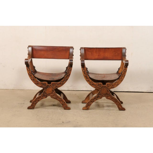 Burnt Umber Late 20th Century Italian Pair Wood & Leather Dante Armchairs For Sale - Image 8 of 10