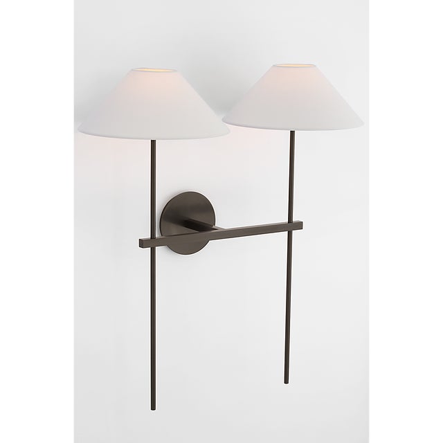 Modern J. Randall Powers for Visual Comfort Signature Hackney 25" Double Tail Sconce in Bronze with Linen Shades For Sale - Image 3 of 6