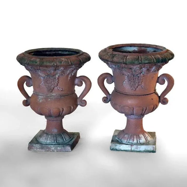 Pair of Vintage Classical Terra Cotta Colored Plaster Garden Urns with Grape & Leaf Pattern C1940 Measures - (27 3/4" x 21...