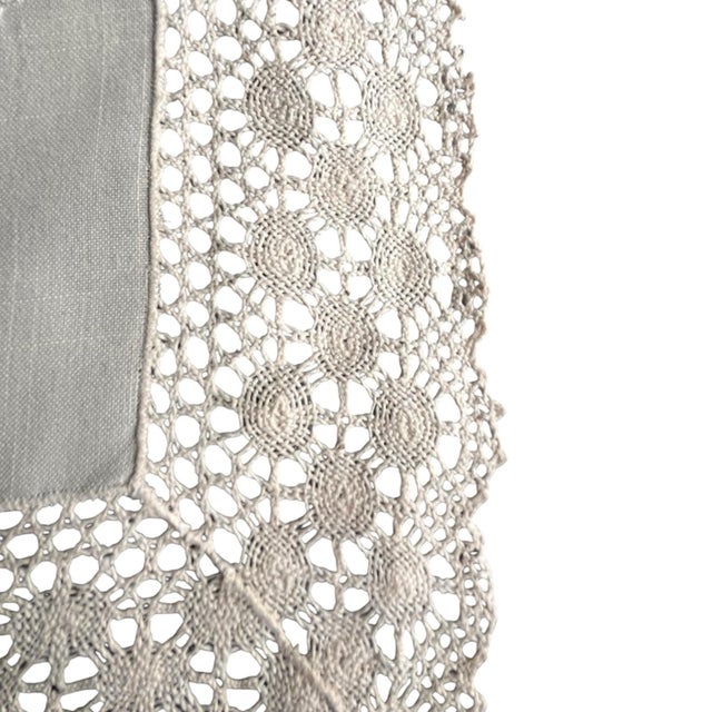Late 20th Century 70" X 16 Vintage Crochet Table Runner Ecru Embroidered Farmhouse Traditional Primitive Grandmacore Linen For Sale - Image 5 of 7