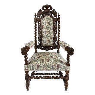 Circa 1860 French Louis XIII Carved Oak Griffin & Lion Throne Armchair For Sale