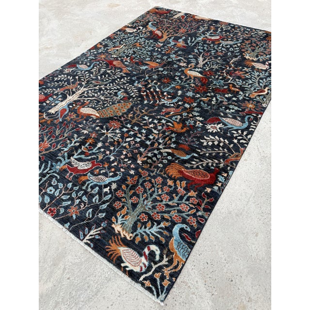Tree of Life Area Rug, Hand-Knotted Wool, Pictorial, 6x9, Navy & Rust For Sale - Image 6 of 11