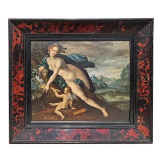 Antique Old Master Style Oil Painting Ceres & Cupid Oak Panel Hans Von Aachen For Sale