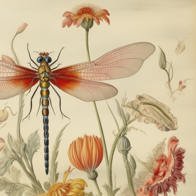 20' X 20' 'Dragonfly and Flowers' # 3 - Original Watercolor Botanical Print - Hortus Floridus Style, Unframed For Sale - Image 4 of 5
