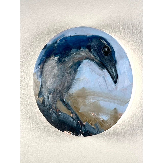 This oil painting on wood panel features a bird rendered in expressive brushstrokes, capturing its inquisitive nature. The...