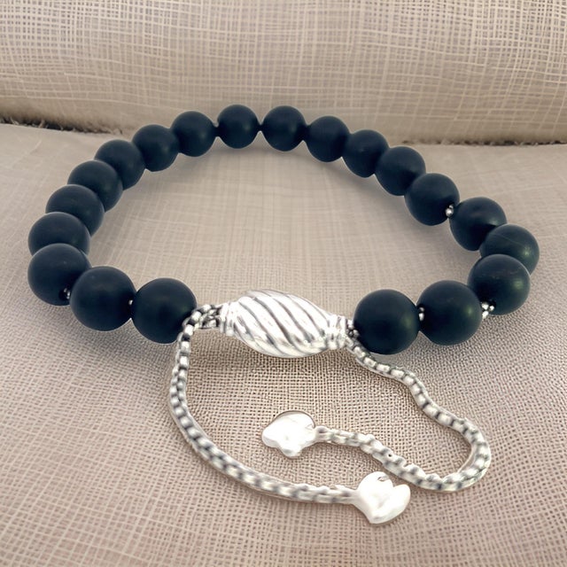 1990s David Yurman Authentic Estate Matte Onyx Beads Bracelet 6.6 - 8.5" Silver 8 mm For Sale In New York - Image 6 of 11