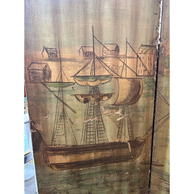 Blue Antique Hand-Painted Folk Art Room Divider Partition 3-Panel Screen With Nautical Commercial City Harbor Scene For Sale - Image 8 of 12