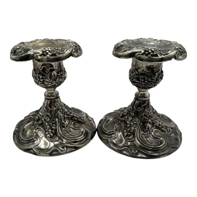 Vintage Godinger Silver-Plate Candlesticks With Boroque Grape and Scroll Design - A Pair For Sale