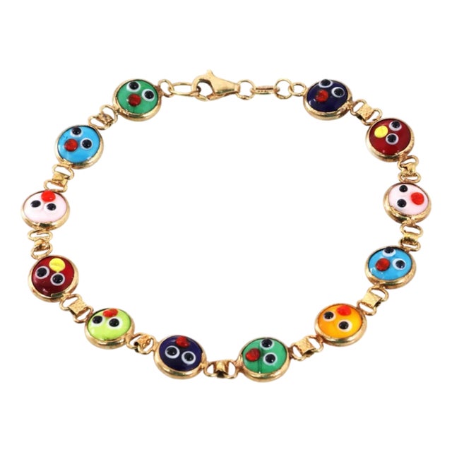 Multicolor Enamel Double Sided Happy Face 14k Yellow Gold Bead Link Bracelet For Sale