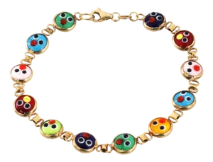 Multicolor Enamel Double Sided Happy Face 14k Yellow Gold Bead Link Bracelet