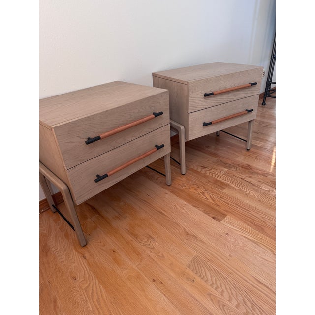 Pair of Four Hands Rosedale Nightstands in Yucca Oak With Leather Accents – Excellent Condition For Sale - Image 4 of 11