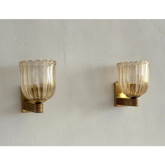 1960s 1960s Italian Murano Glass & Brass Art Deco Sconces - Pair For Sale - Image 5 of 7