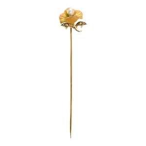 Antique Art Nouveau Enamel Flower Gold Stick Pin