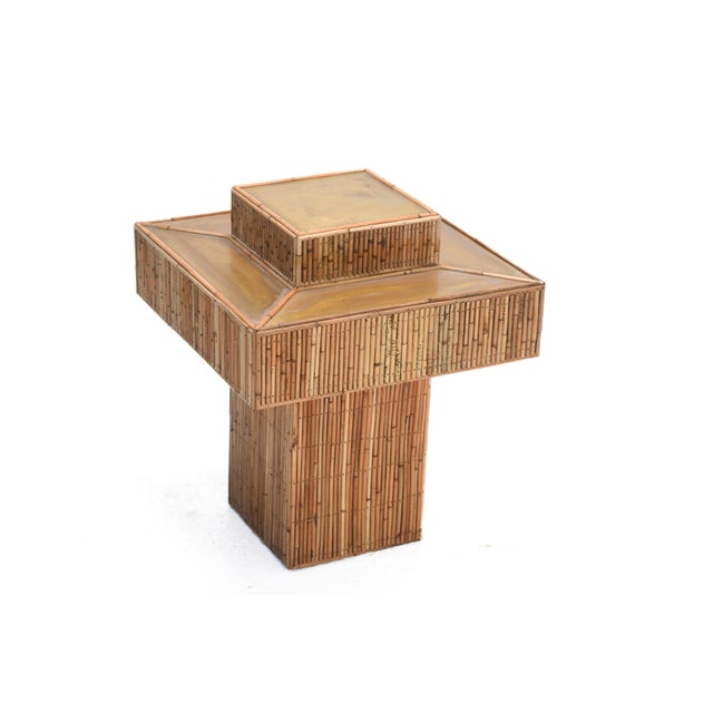 Rattan Prism Side Table, Hand-Crafted, Mid-Century Modern, Brass Top For Sale - Image 6 of 8