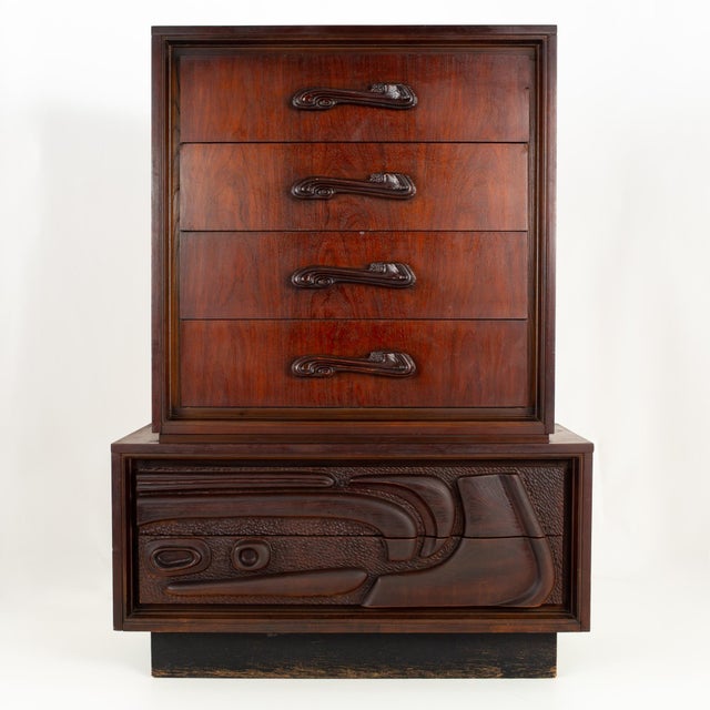 Witco Style Pulaski Oceanic Brutalist Mid Century Pedestal Base 6 Drawer Gentlemans Chest Highboy This highboy measures:...