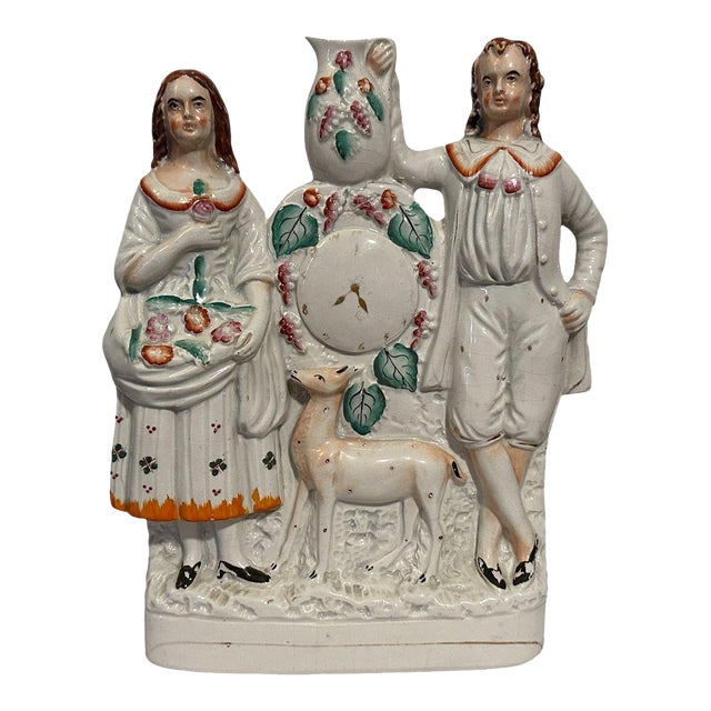 Antique Victorian English Staffordshire Porcelain Mantle Figurine - Couple With Roe Deer - England For Sale