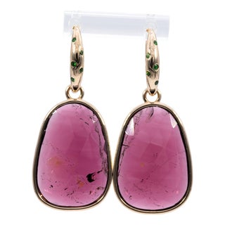 25.2Ct Rubellite Tourmaline Earrings With Tsavorite Accents: 14k Gold, 25x17mm, Pair For Sale