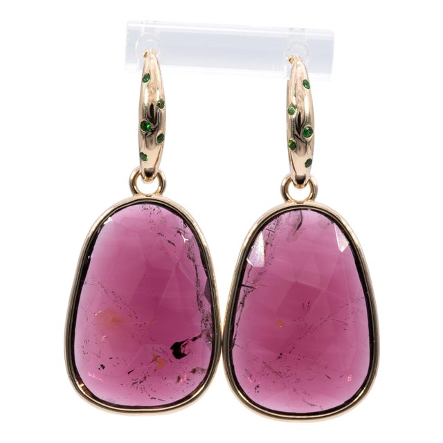25.2Ct Rubellite Tourmaline Earrings With Tsavorite Accents: 14k Gold, 25x17mm, Pair For Sale