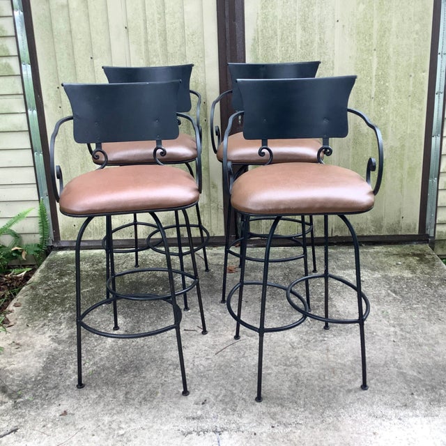 Arhaus Wrought Iron and Brown Bar Stools - Set of 4 | Chairish