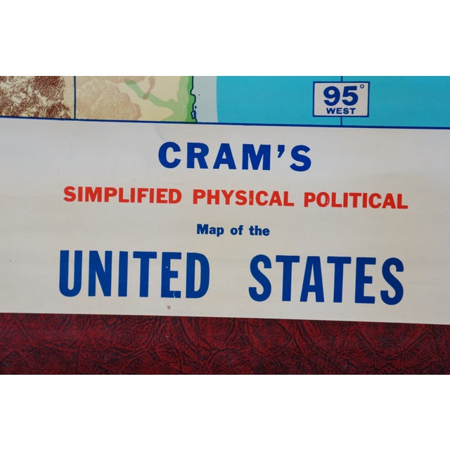 Yellow Original Mid Century Cram’s Pull Down Us School Map Usa Wall Map Geography 63" For Sale - Image 8 of 18