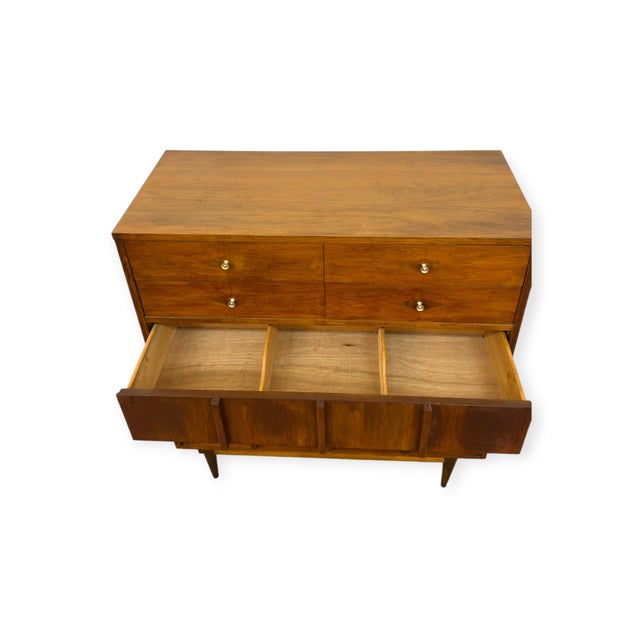 Brass Vintage Mid-Century Modern Highboy Dresser Dovetailed Drawers Brass Finished Pulls. For Sale - Image 8 of 12