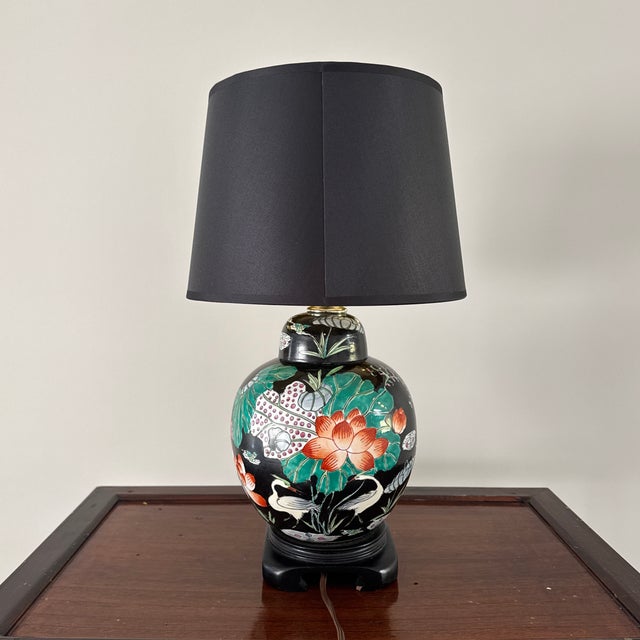 Vintage Chinese Ginger Jar Table Lamp With Cranes & Lilies - 16” For Sale - Image 4 of 11