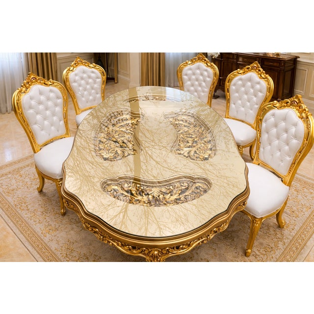 Baroque Late 20c Italian Baroque White Gold Beech Dining Set 7Pc For Sale - Image 3 of 13
